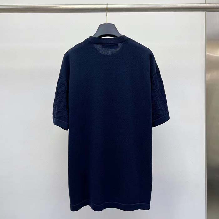 Louis Vuitton LV Men Short-Sleeved Cotton Crewneck Regular Fit Embossed Jacquard Monogram Navy Blue