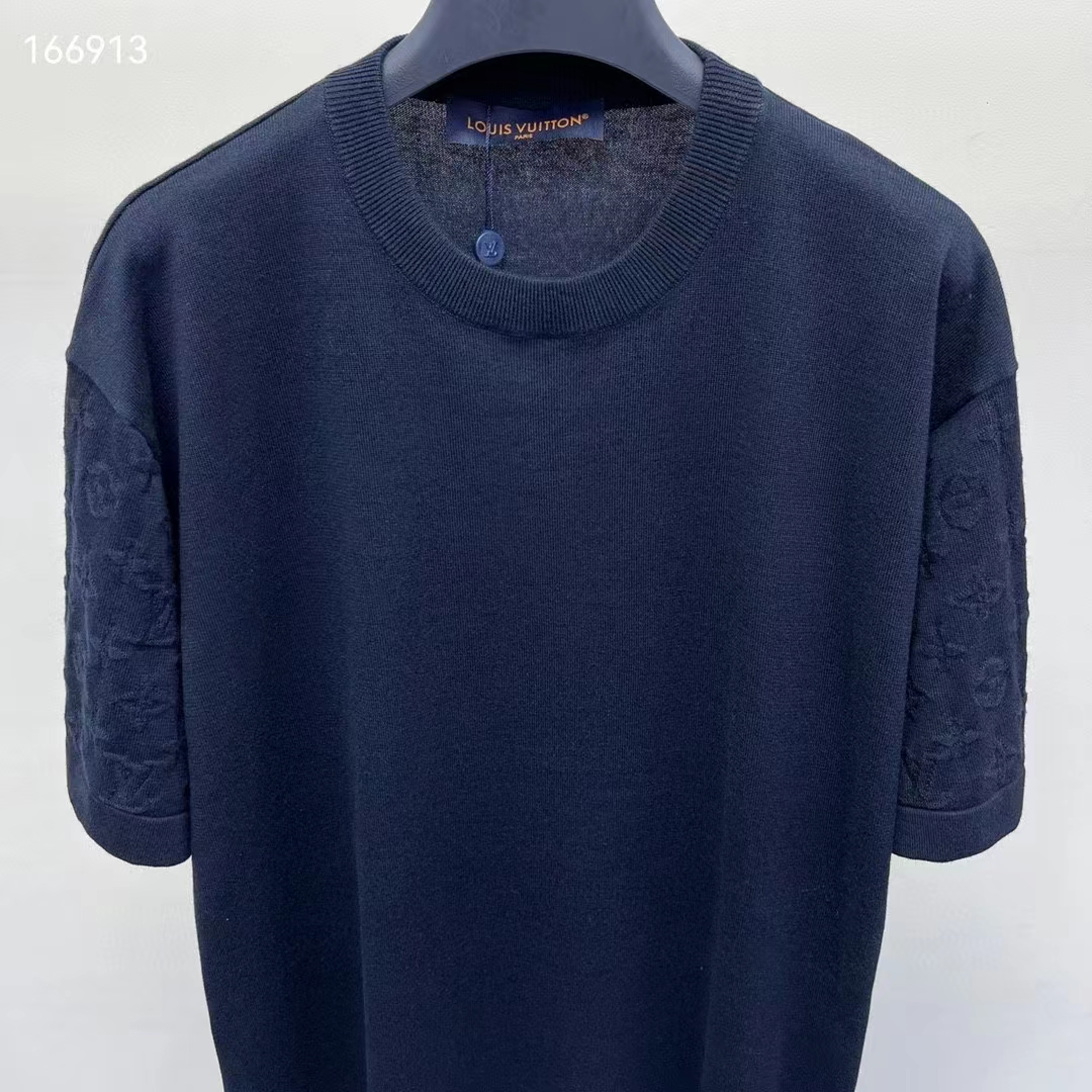 Louis Vuitton LV Men Short-Sleeved Cotton Crewneck Regular Fit Embossed Jacquard Monogram Navy Blue