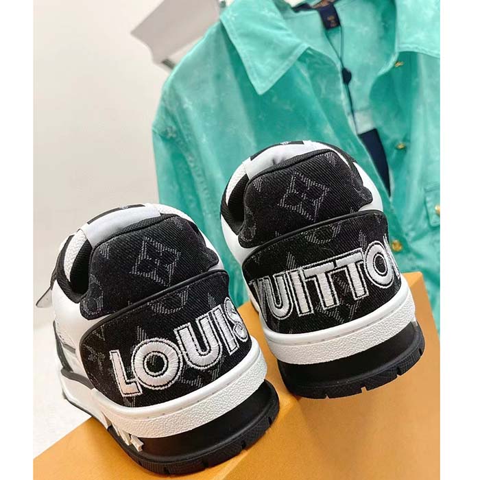 Louis Vuitton LV Unisex Trainer Sneaker Black Monogram Denim Rubber Outsole Monogram Flowers