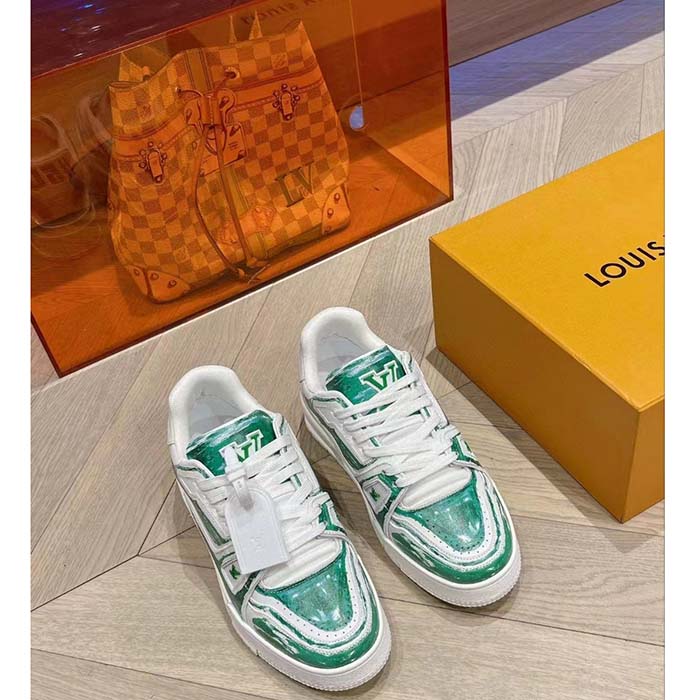 Louis Vuitton LV Unisex Trainer Sneaker Green Printed Calf Leather Rubber Outsole Monogram Flowers