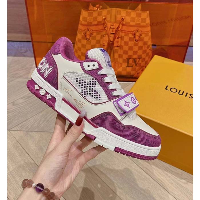 Louis Vuitton LV Unisex Trainer Sneaker Purple Monogram Denim Rubber Outsole Monogram Flower