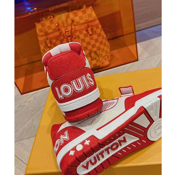 Louis Vuitton LV Unisex Trainer Sneaker Red Monogram Denim Rubber Outsole Monogram Flower