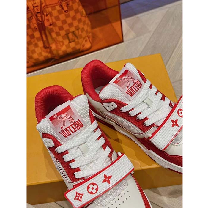 Louis Vuitton LV Unisex Trainer Sneaker Red Monogram Denim Rubber Outsole Monogram Flower