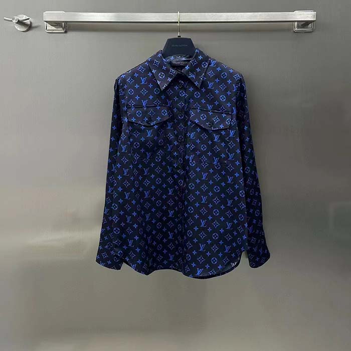 Louis Vuitton LV Women LV Monogram Silk Pleated Shirt Silk Navy