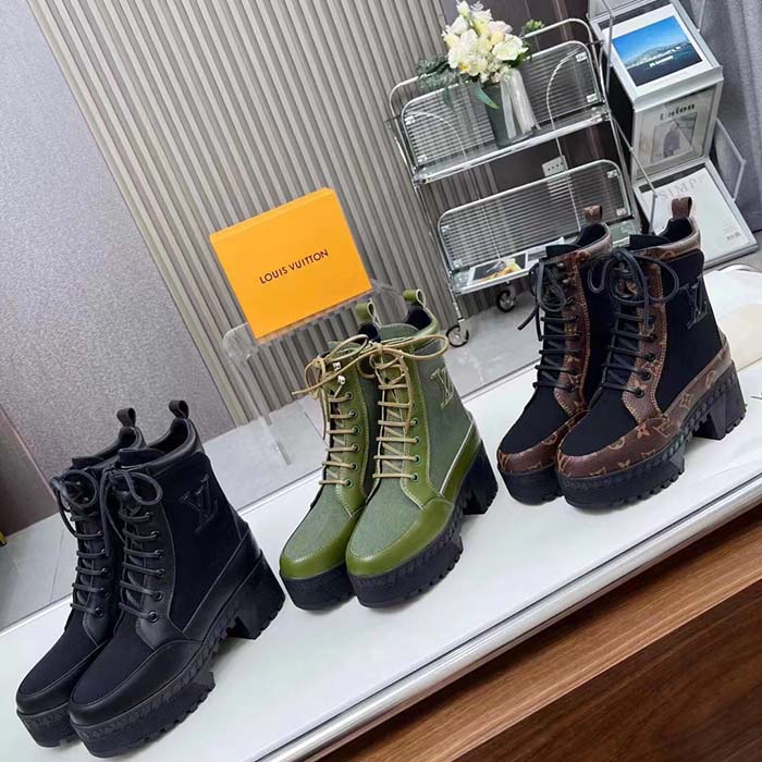 Louis Vuitton LV Women Laureate Platform Desert Boot Black Textile Leather Laces Treaded Rubber