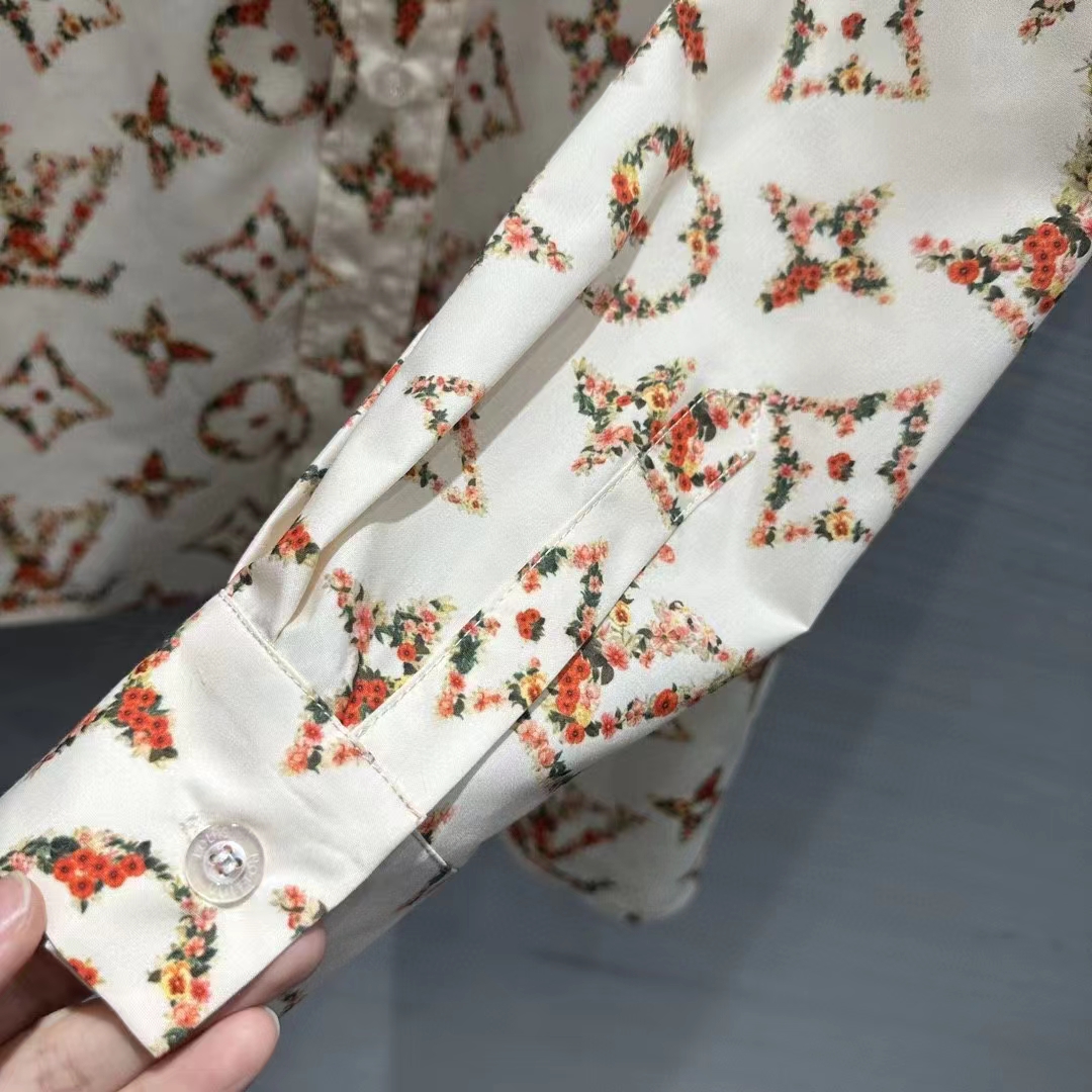 Louis Vuitton Women LV Floral Monogram Pajama Shirt Silk Pink Beige Regular Fit