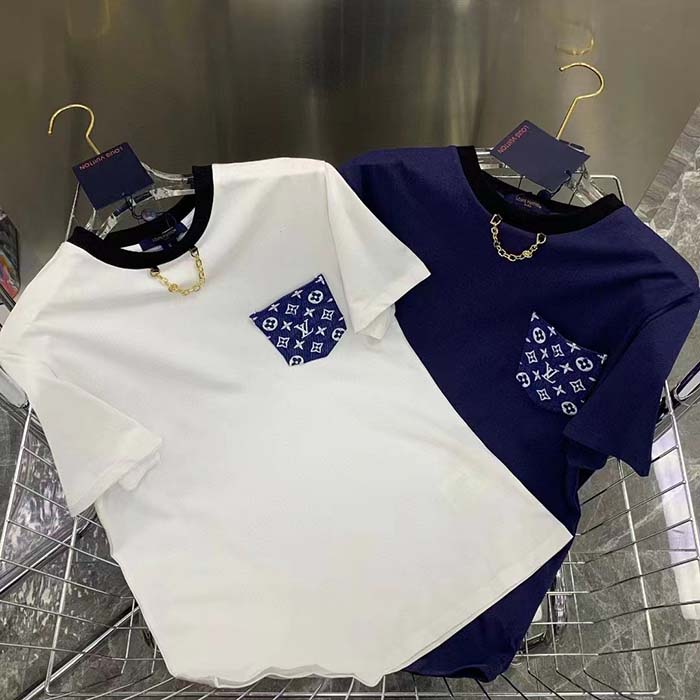 Louis Vuitton Women Monogram Pocket T-Shirt Cotton White Monogram Jacquard Denim LV Golden Chain