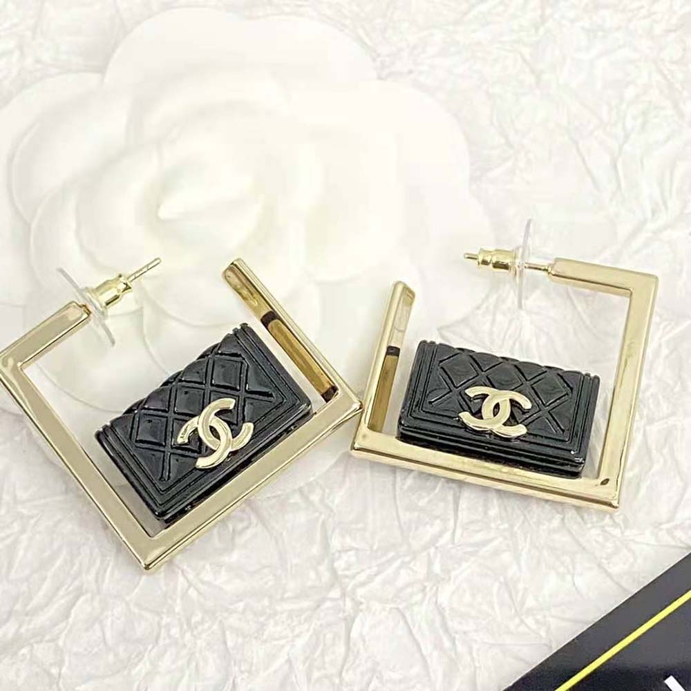 Chanel Women Hoop Earrings in Metal and Resin-Black