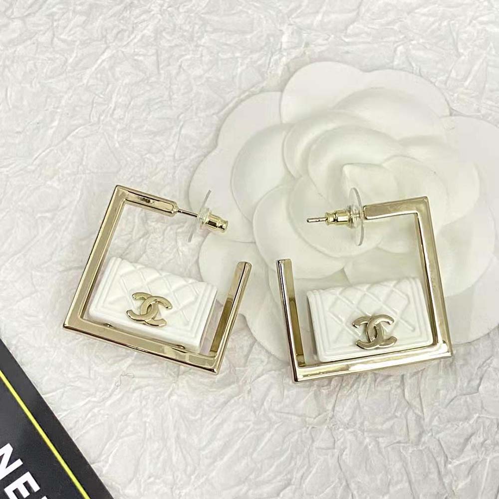 Chanel Women Hoop Earrings in Metal and Resin-White