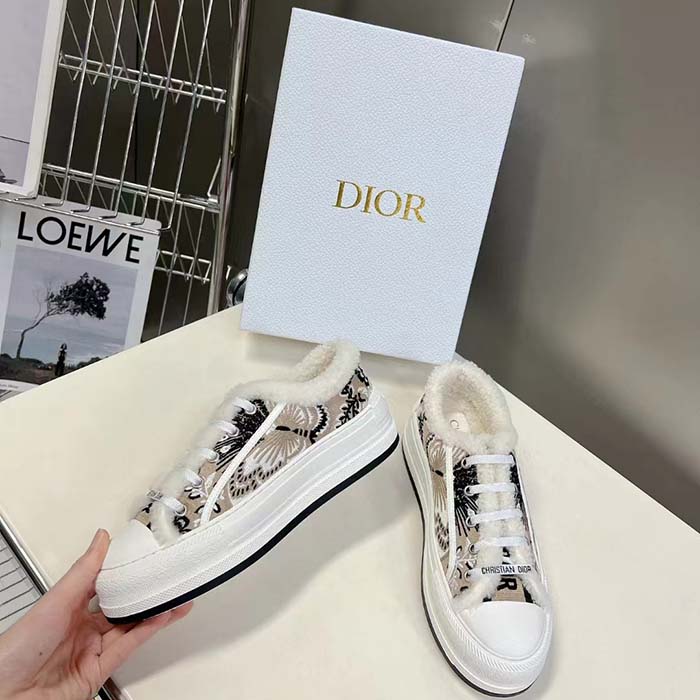 Dior Unisex CD Walk’n’Dior Platform Sneaker Beige Multicolor Embroidered Cotton Butterfly Bandana Motif