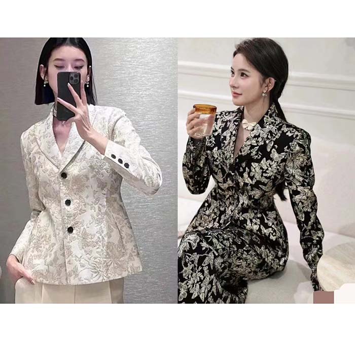 Dior Women CD Fitted Jacket Black Technical Jacquard Gold-Tone Allover Butterfly Motif
