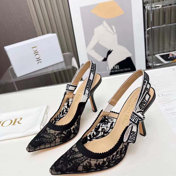 Dior Women CD J’Adior Slingback Pump Transparent Mesh Embroidered Black Butterfly Motif