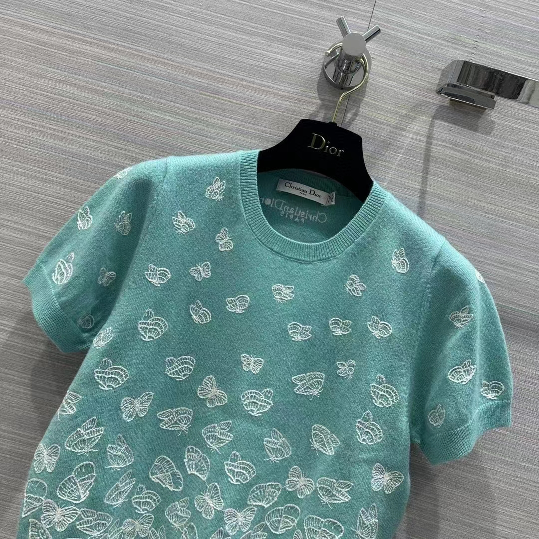 Dior Women CD Short-Sleeved Sweater Sea Green Wool Cashmere Knit Gradient Butterflies