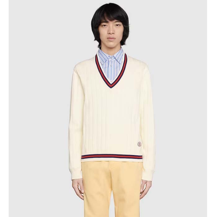 G*u*i gg men cotton knit v-neck sweater web ivory interlocking g patch long sleeves
