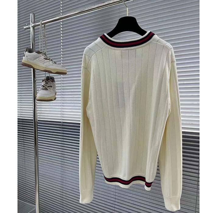 G*u*i gg women cotton knit v-neck sweater web ivory interlocking g patch long sleeves
