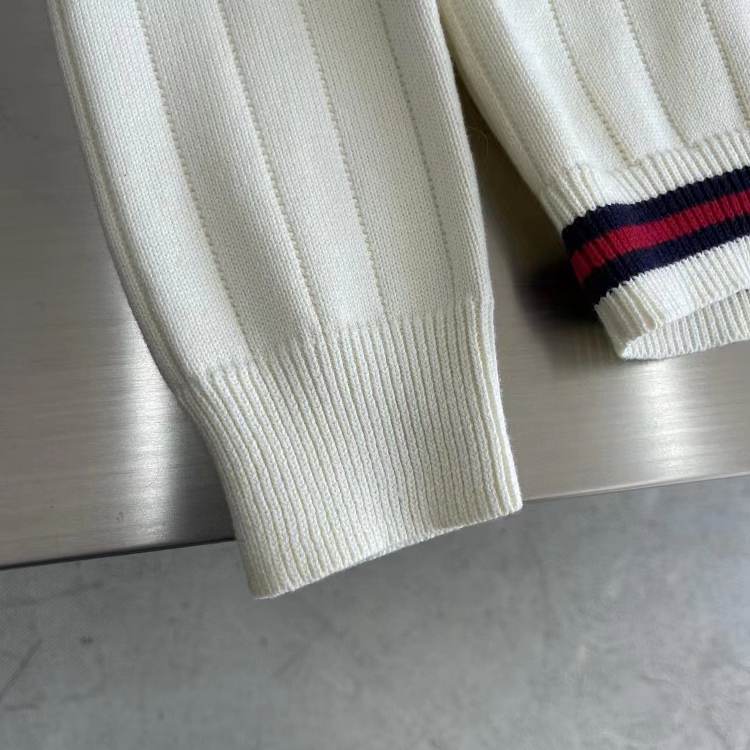 G*u*i gg women cotton knit v-neck sweater web ivory interlocking g patch long sleeves