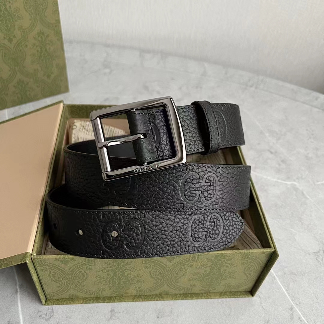 G*u*i gg unisex rubber-effect leather belt black square buckle 3.3 cm width