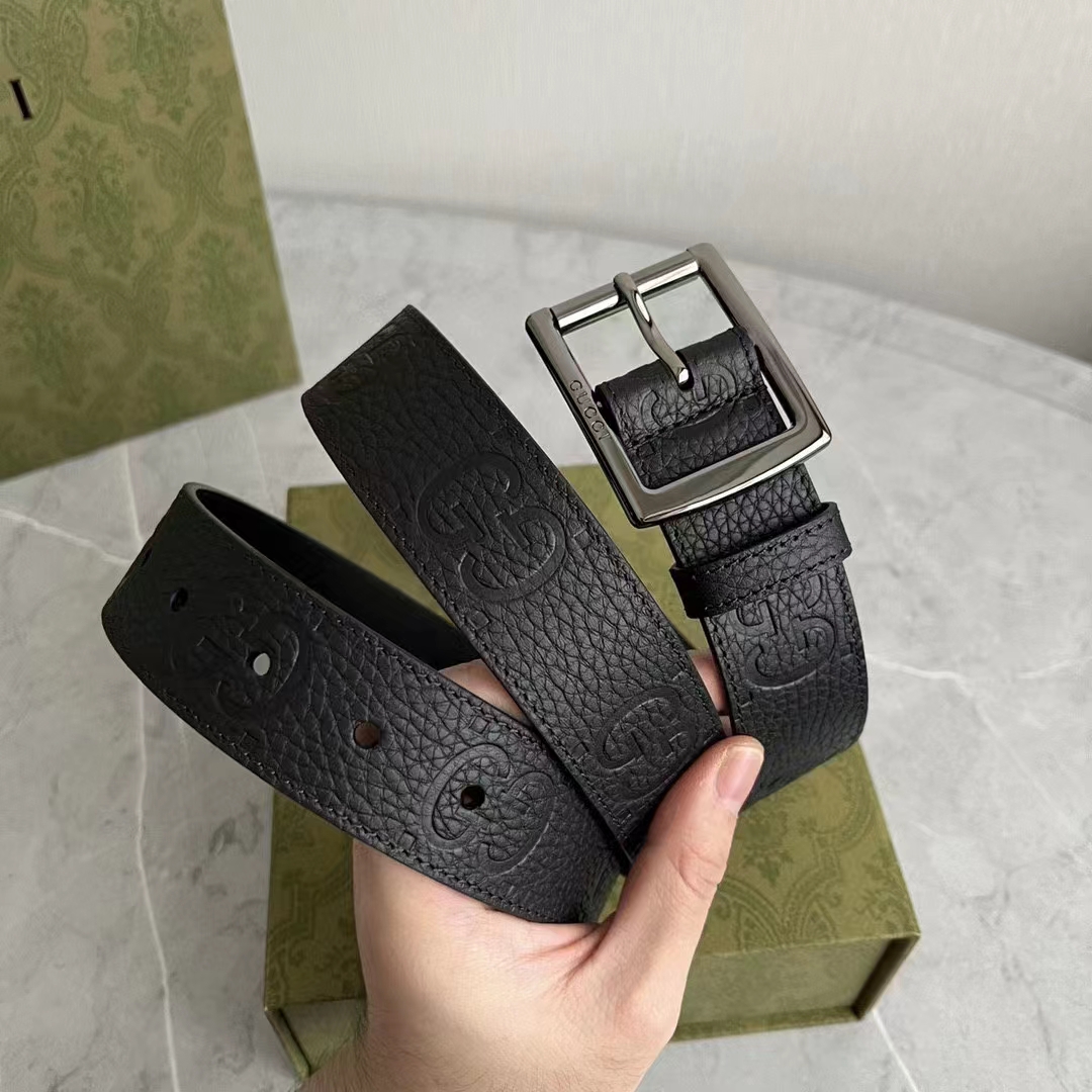 G*u*i gg unisex rubber-effect leather belt black square buckle 3.3 cm width