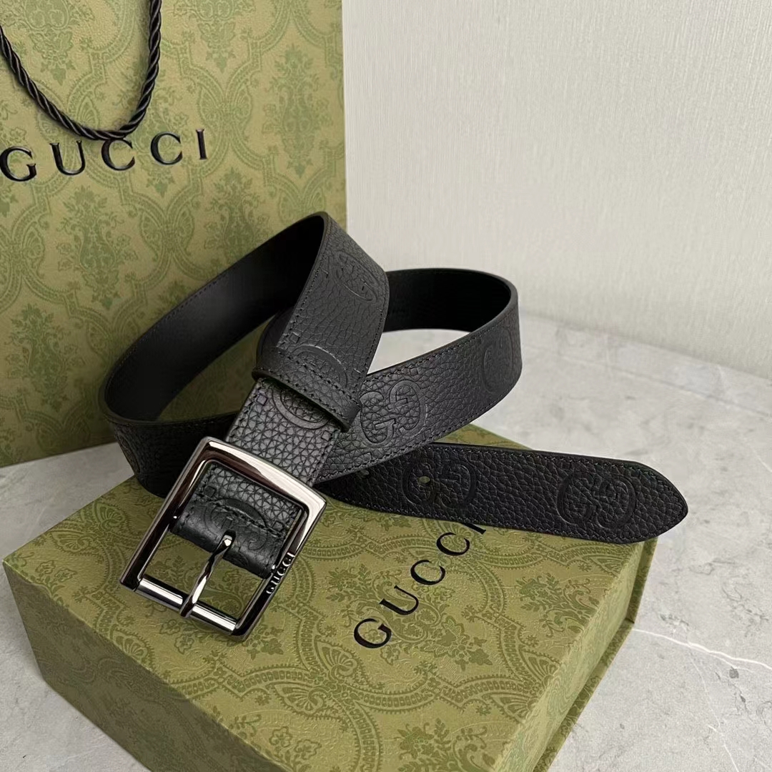 G*u*i gg unisex rubber-effect leather belt black square buckle 3.3 cm width
