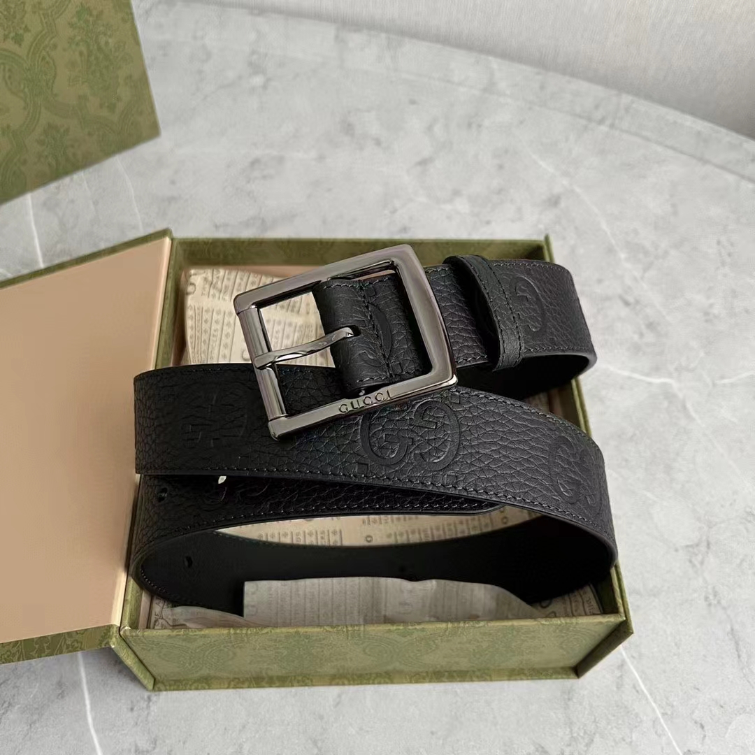 G*u*i gg unisex rubber-effect leather belt black square buckle 3.3 cm width