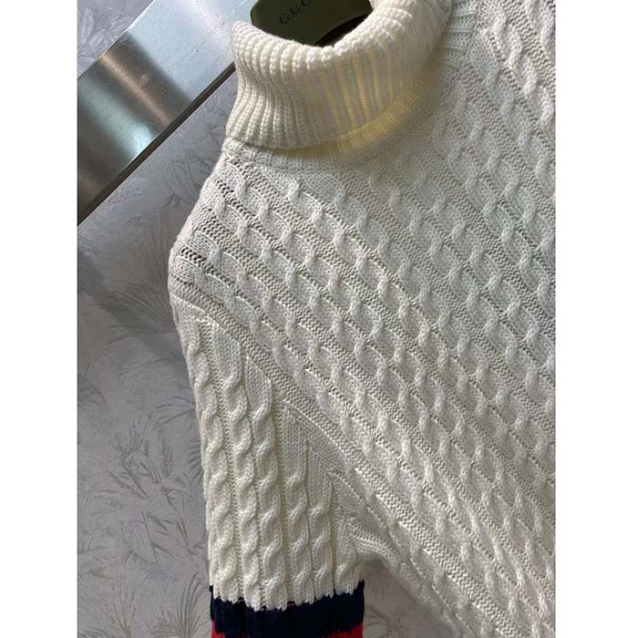 G*u*i gg women cable knit wool cashmere sweater ivory blue red web turtleneck long sleeves