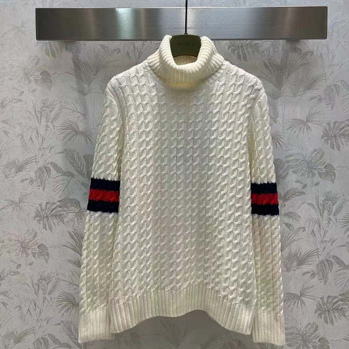 G*u*i gg women cable knit wool cashmere sweater ivory blue red web turtleneck long sleeves