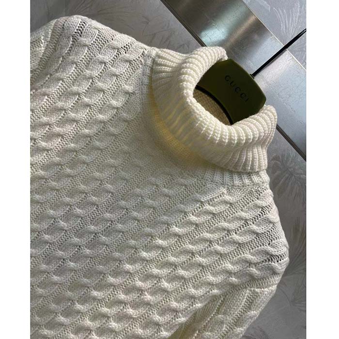 G*u*i gg women cable knit wool cashmere sweater ivory blue red web turtleneck long sleeves
