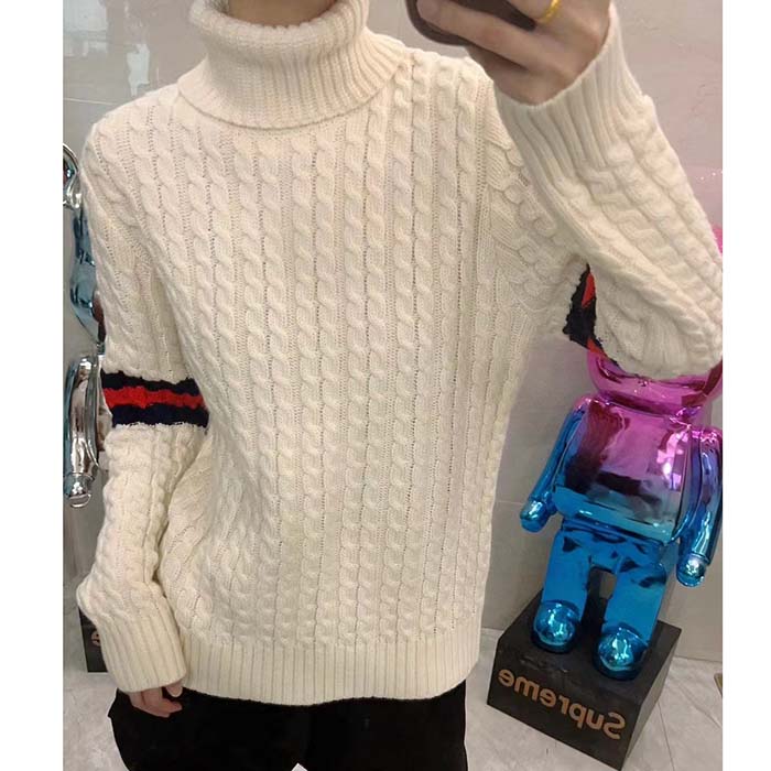 G*u*i gg women cable knit wool cashmere sweater ivory blue red web turtleneck long sleeves