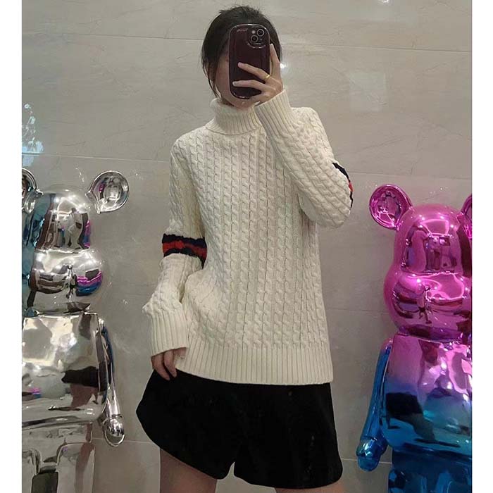 G*u*i gg women cable knit wool cashmere sweater ivory blue red web turtleneck long sleeves