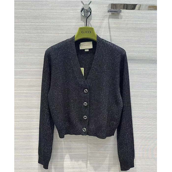 G*u*i gg women rib stitch viscose lamé cardigan interlocking g buttons v-neck long sleeves