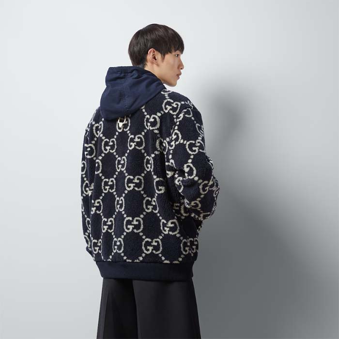 G*u*i men gg fuzzy fabric jacquard jacket fixed hood drawstring long sleeves front patch pocket