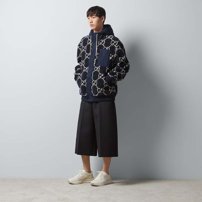 G*u*i men gg fuzzy fabric jacquard jacket fixed hood drawstring long sleeves front patch pocket