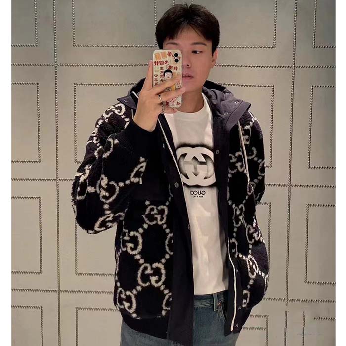 G*u*i men gg fuzzy fabric jacquard jacket fixed hood drawstring long sleeves front patch pocket