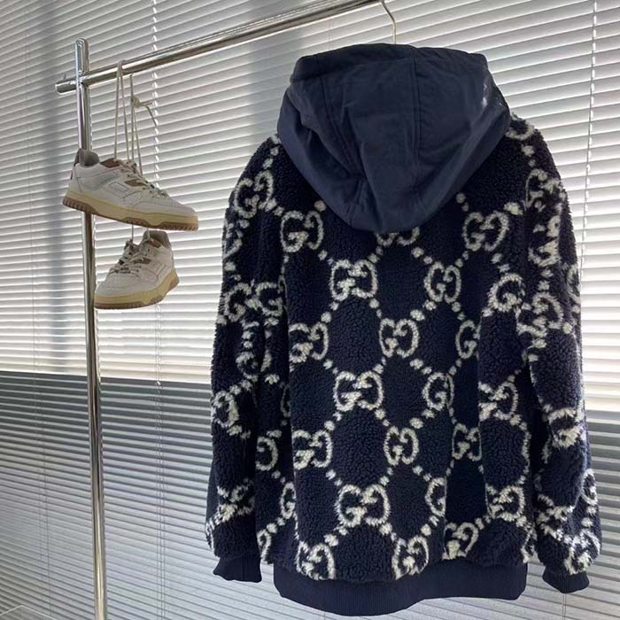 G*u*i men gg fuzzy fabric jacquard jacket fixed hood drawstring long sleeves front patch pocket