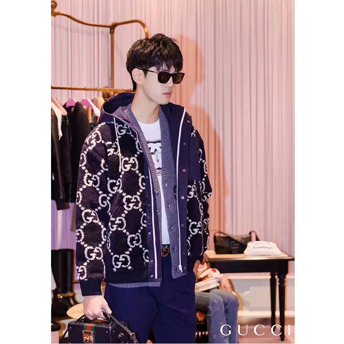 G*u*i men gg fuzzy fabric jacquard jacket fixed hood drawstring long sleeves front patch pocket