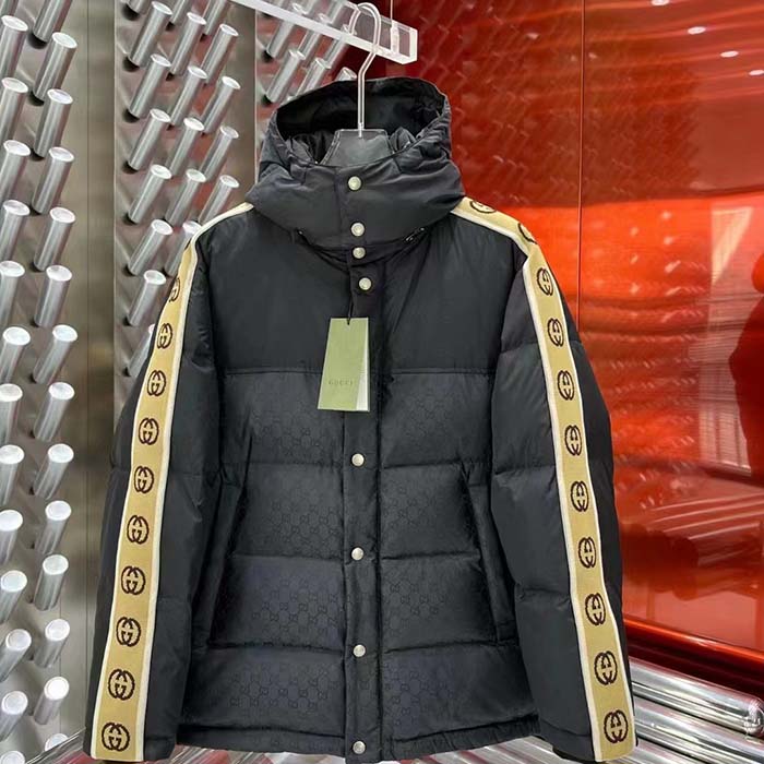 G*u*i men gg jacquard nylon quilted coat down goose feather black knit rib nylon lining