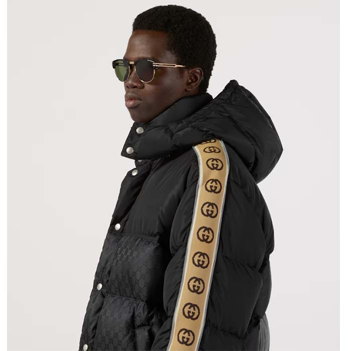 G*u*i men gg jacquard nylon quilted coat down goose feather black knit rib nylon lining