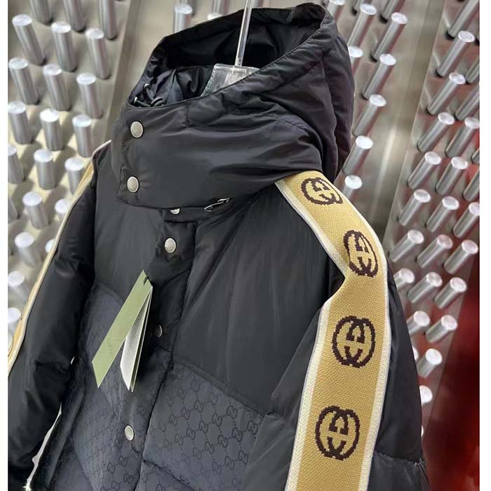 G*u*i men gg jacquard nylon quilted coat down goose feather black knit rib nylon lining