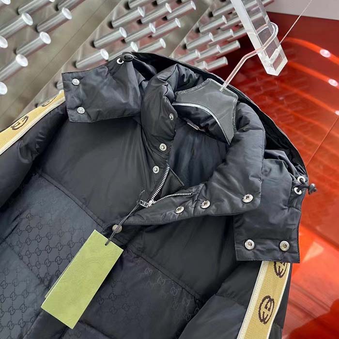 G*u*i men gg jacquard nylon quilted coat down goose feather black knit rib nylon lining