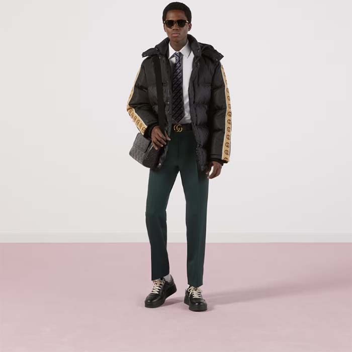 G*u*i men gg jacquard nylon quilted coat down goose feather black knit rib nylon lining