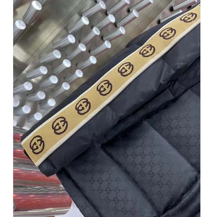 G*u*i men gg jacquard nylon quilted coat down goose feather black knit rib nylon lining