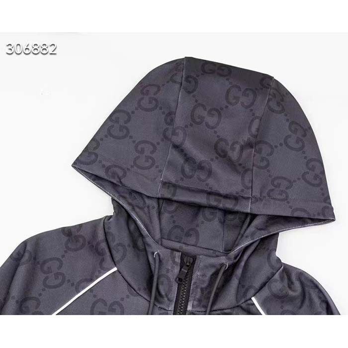G*u*i women gg jumbo gg zip jacket web dark grey neoprene canvas raglan sleeves