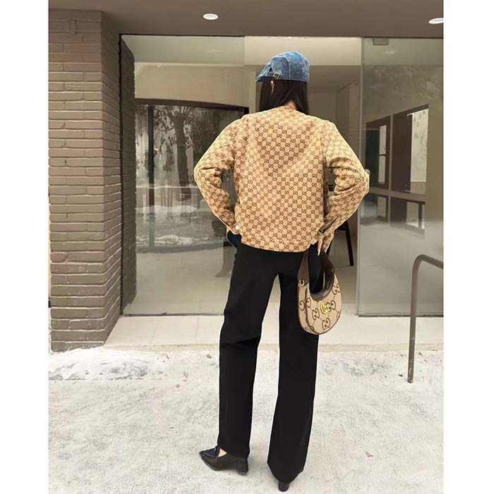 G*u*i women gg reversible denim jacket camel ebony gg canvas reversible collarless dropped shoulder