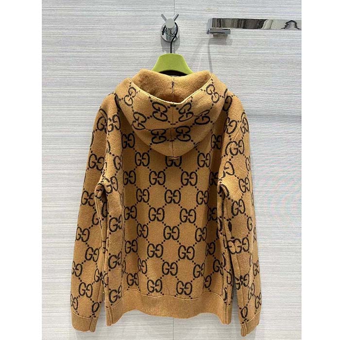 G*u*i men gg wool hooded sweatshirt camel ebony fixed hood kangaroo pocket rib