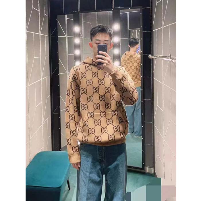 G*u*i men gg wool hooded sweatshirt camel ebony fixed hood kangaroo pocket rib