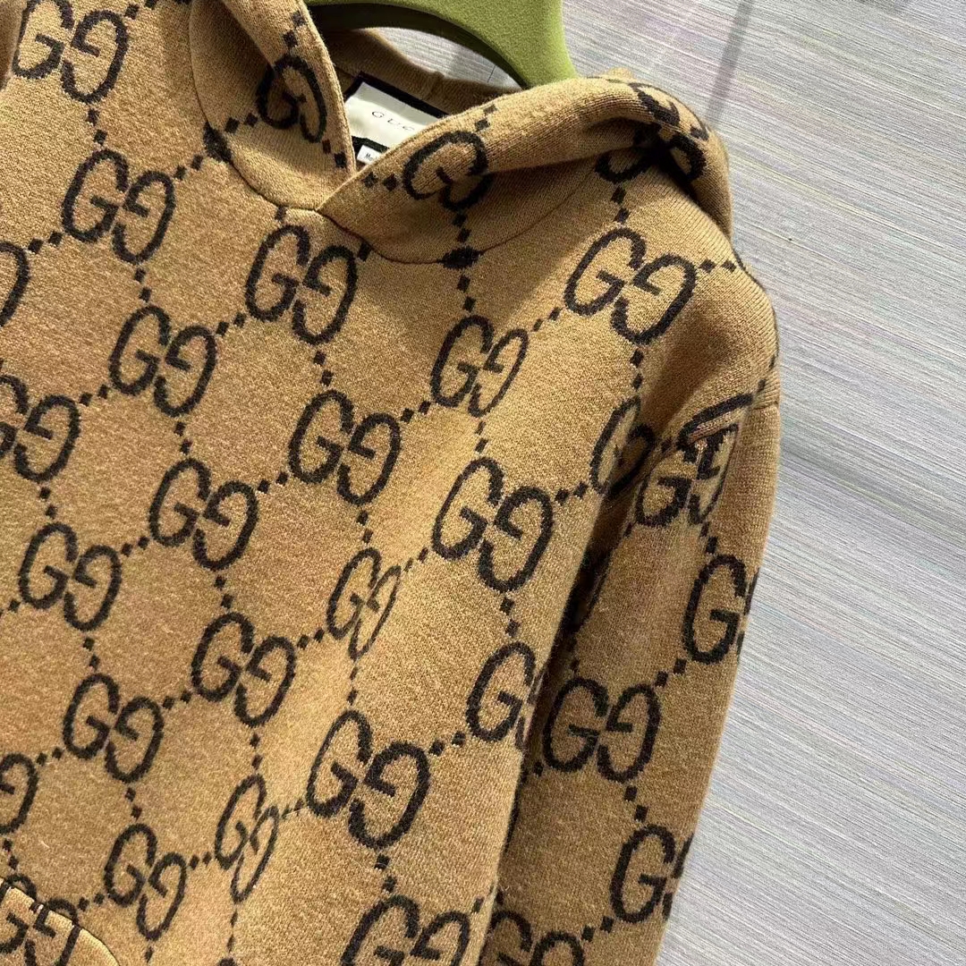 G*u*i men gg wool hooded sweatshirt camel ebony fixed hood kangaroo pocket rib