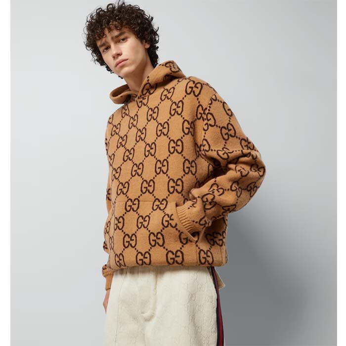 G*u*i men gg wool hooded sweatshirt camel ebony fixed hood kangaroo pocket rib