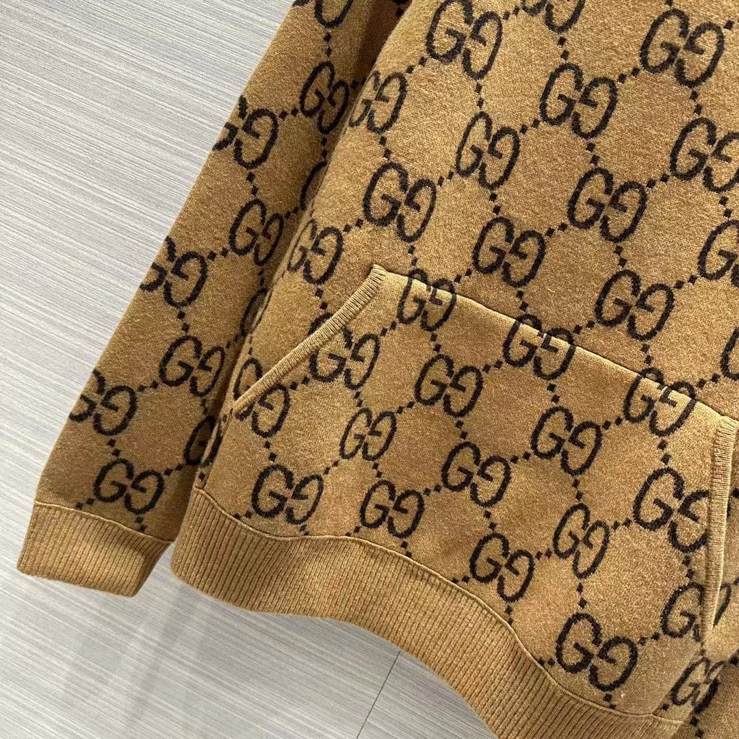 G*u*i men gg wool hooded sweatshirt camel ebony fixed hood kangaroo pocket rib