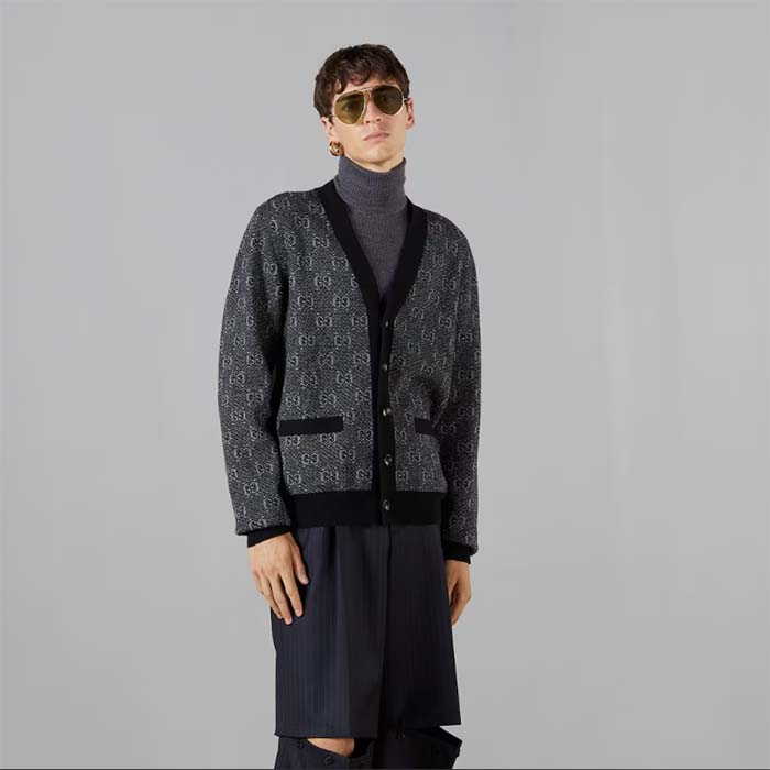 G*u*i men gg wool jacquard cardigan grey v-neck long sleeves front pockets