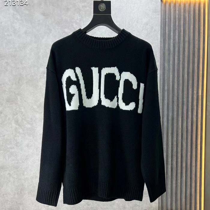 G*u*i women gg wool sweater G*u*i intarsia blue ivory knit crewneck long sleeves